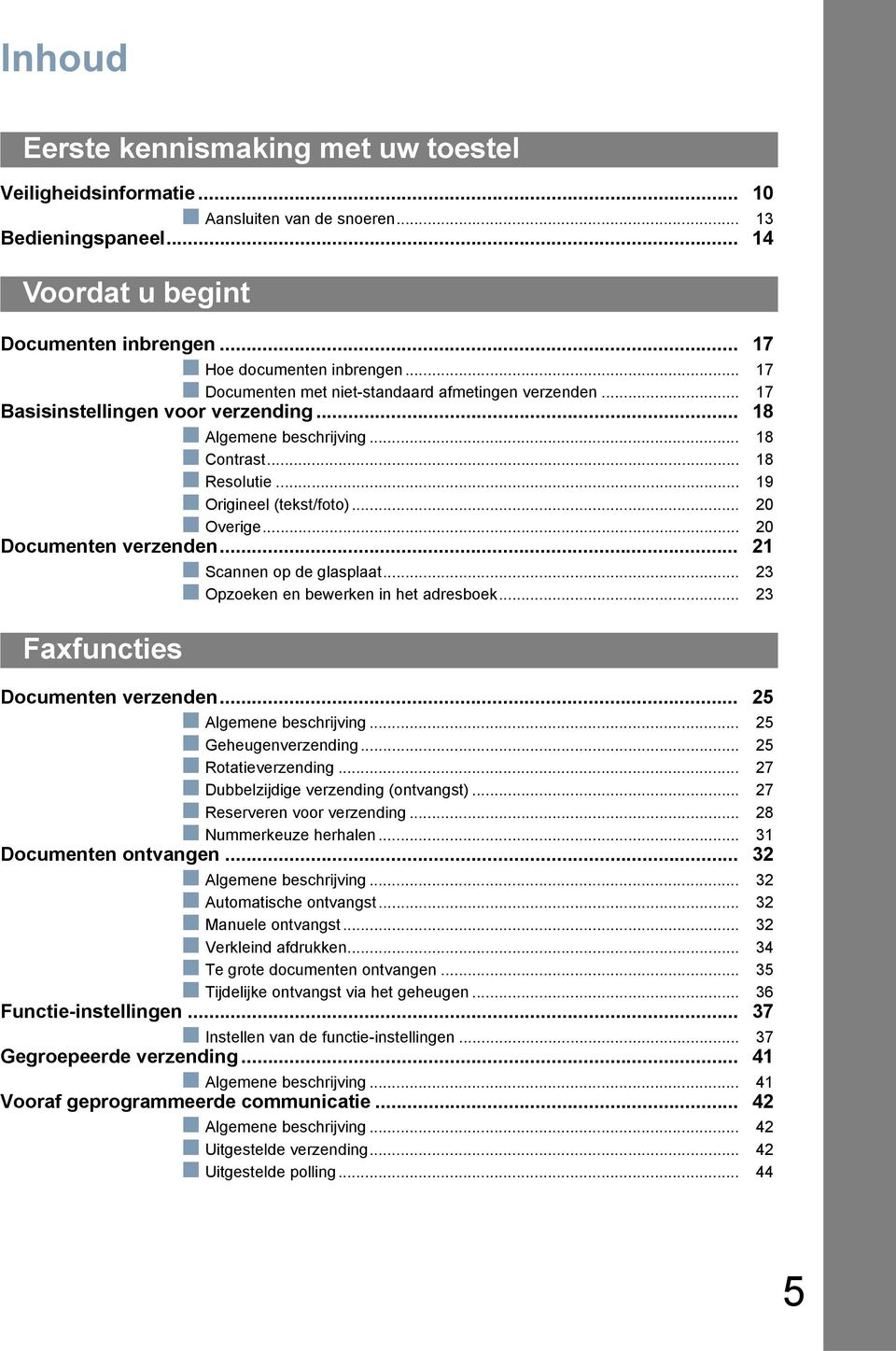 .. 20 Documenten verzenden... 21 Scannen op de glasplaat... 23 Opzoeken en bewerken in het adresboek... 23 Faxfuncties Documenten verzenden... 25 Algemene beschrijving... 25 Geheugenverzending.