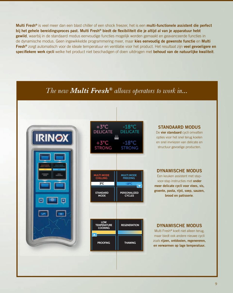 modus. Geen ingewikkelde programmering meer, maar kies eenvoudig de gewenste functie en Multi Fresh zorgt automatisch voor de ideale temperatuur en ventilatie voor het product.