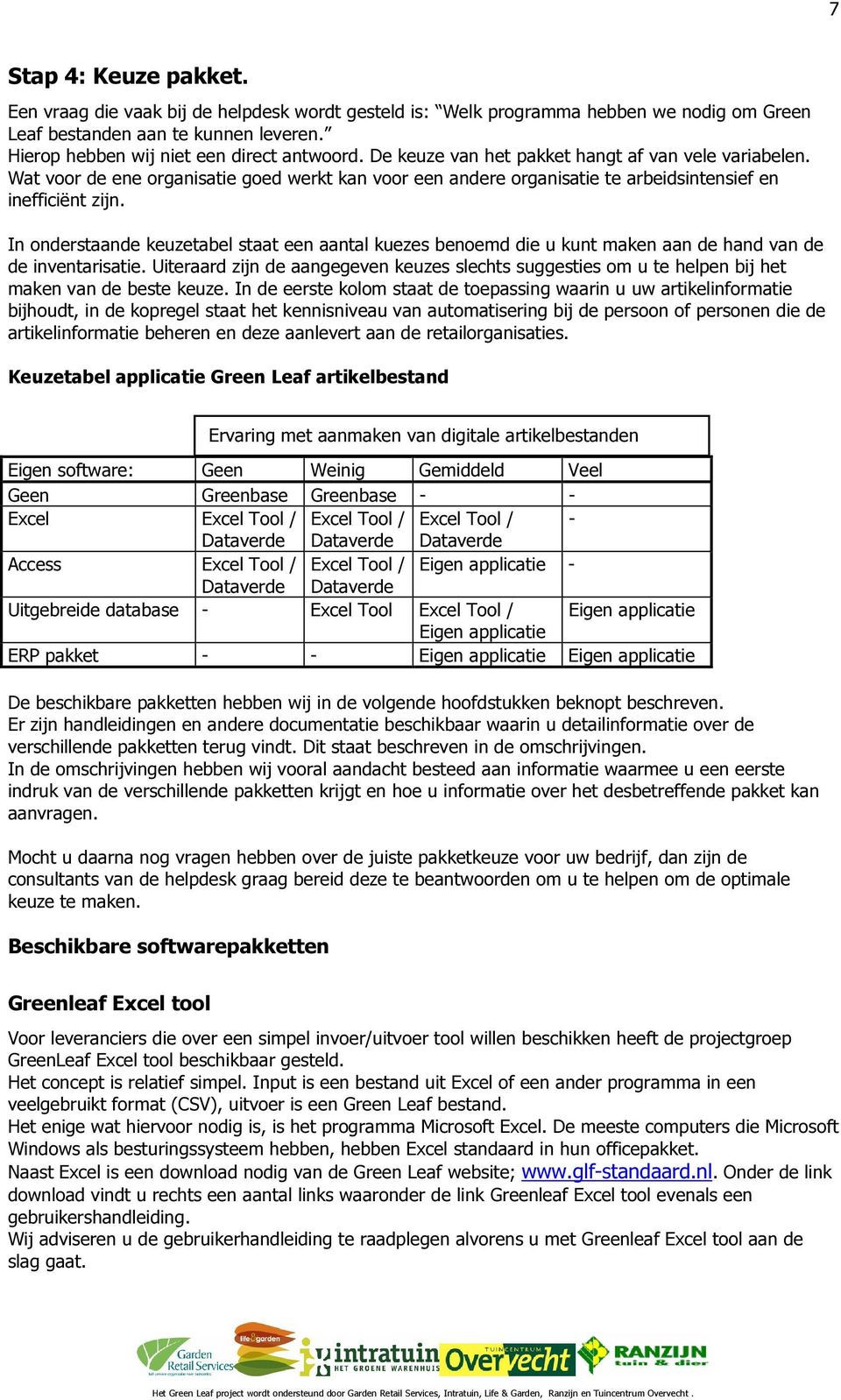 In onderstaande keuzetabel staat een aantal kuezes benoemd die u kunt maken aan de hand van de de inventarisatie.