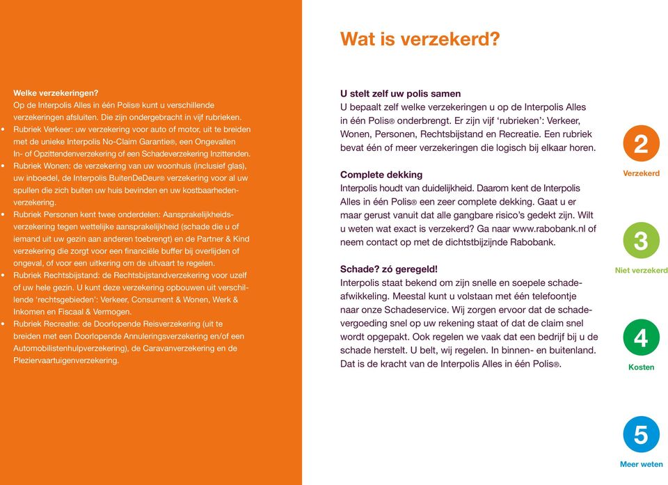 Rubriek Wonen: de verzekering van uw woonhuis (inclusief glas), uw inboedel, de Interpolis BuitenDeDeur verzekering voor al uw spullen die zich buiten uw huis bevinden en uw kostbaarhedenverzekering.