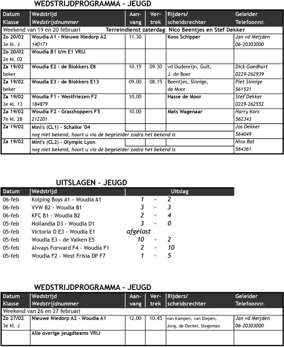 02 Woudia B1 t/m E1 VRIJ Za 19/02 Woudia E2 - de Blokkers E8 10.15 09.30 vd Oudenrijn, Guit, Dick Goedhart beker J. de Boer 0229-262939 Za 19/02 Woudia E3 - de Blokkers E13 09.00 08.