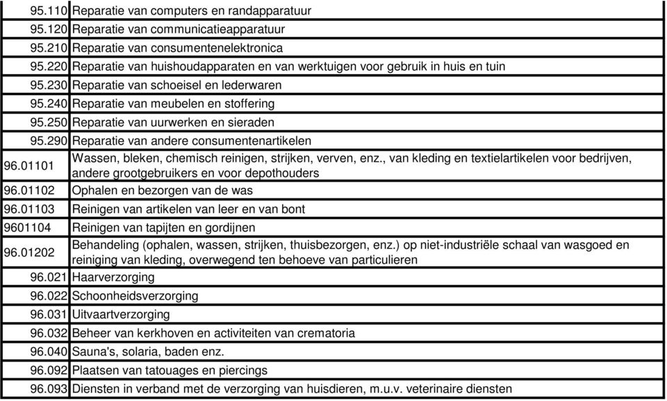 250 Reparatie van uurwerken en sieraden 95.290 Reparatie van andere consumentenartikelen 96.01101 Wassen, bleken, chemisch reinigen, strijken, verven, enz.