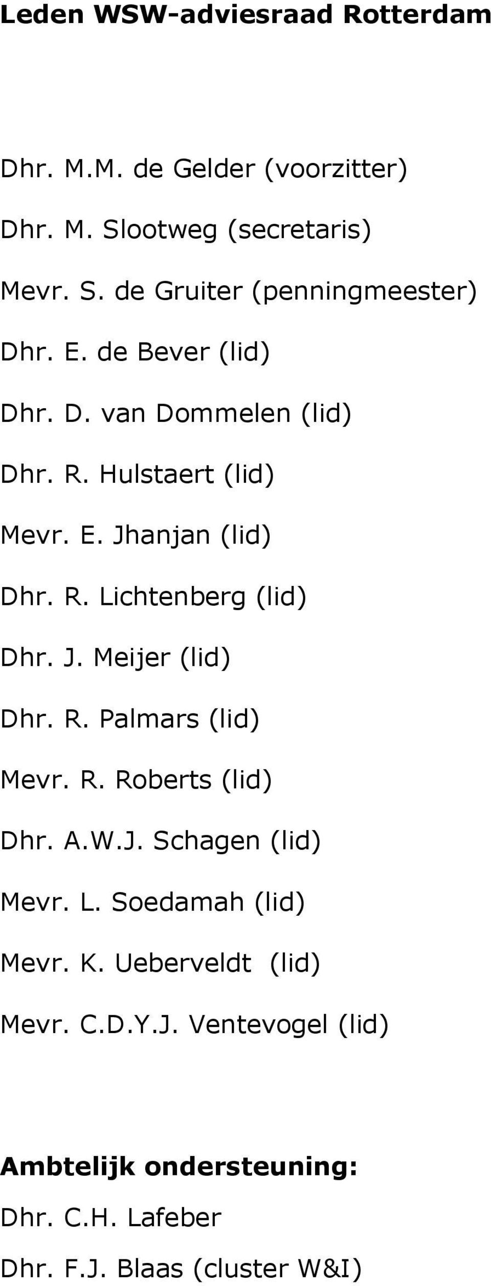 R. Palmars (lid) Mevr. R. Roberts (lid) Dhr. A.W.J. Schagen (lid) Mevr. L. Soedamah (lid) Mevr. K. Ueberveldt (lid) Mevr. C.