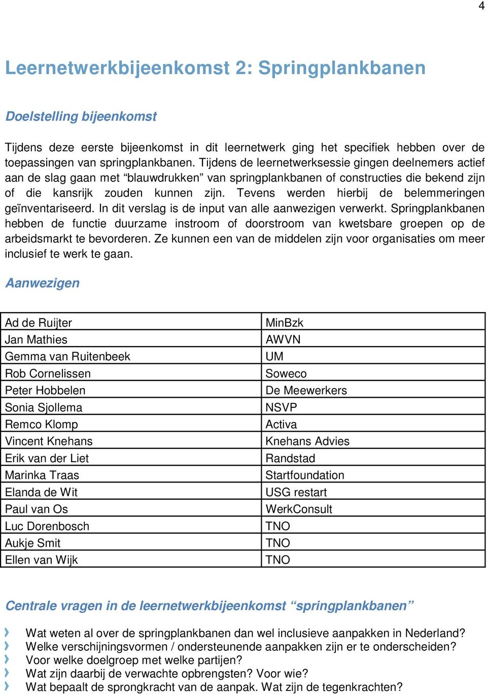 Tevens werden hierbij de belemmeringen geïnventariseerd. In dit verslag is de input van alle aanwezigen verwerkt.