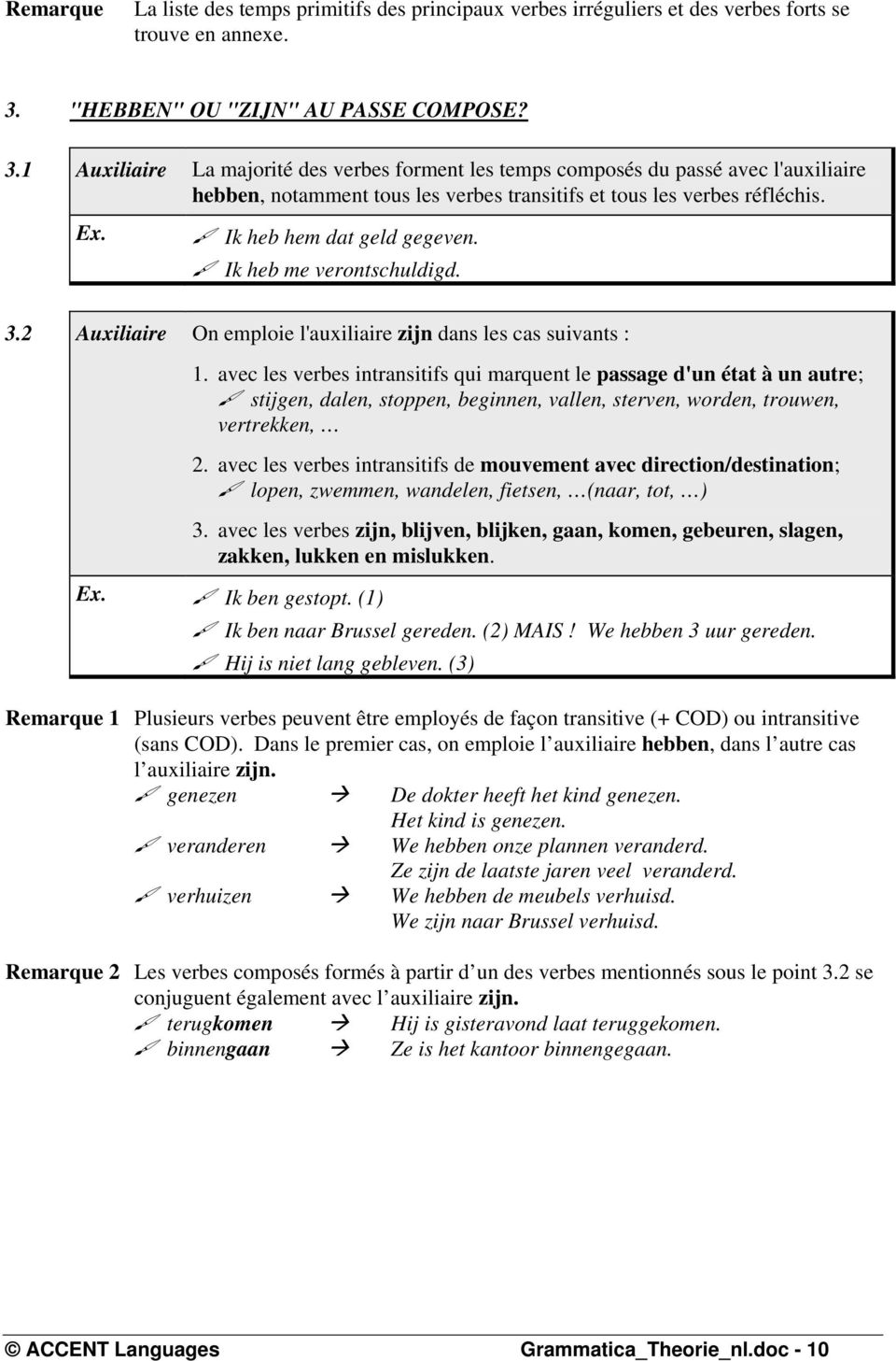 1 Auxiliaire La majorité des verbes forment les temps composés du passé avec l'auxiliaire hebben, notamment tous les verbes transitifs et tous les verbes réfléchis. Ik heb hem dat geld gegeven.