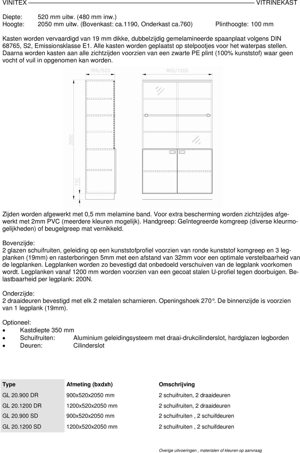 Bovenzijde: 2 glazen schuifruiten, geleiding op een kunststofprofiel voorzien van ronde kunststof komgreep en 3 legplanken (19mm) en rasterboringen 5mm met een afstand van 32mm voor een optimale