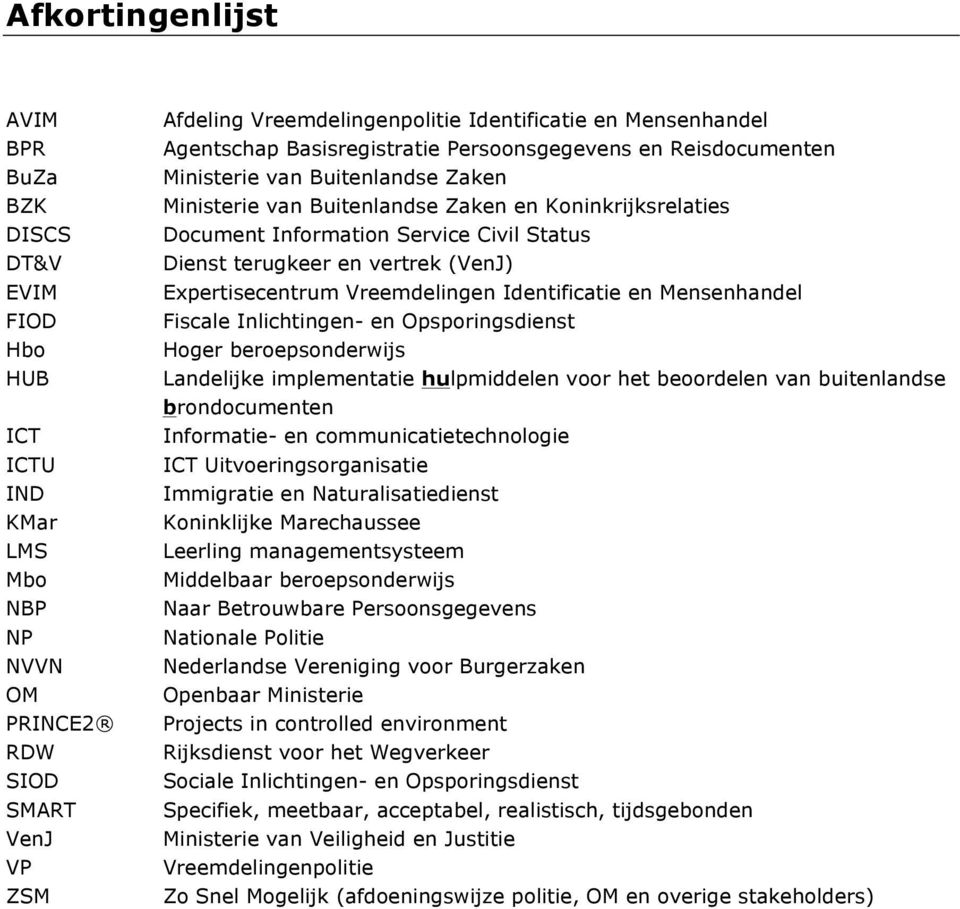 Dienst terugkeer en vertrek (VenJ) Expertisecentrum Vreemdelingen Identificatie en Mensenhandel Fiscale Inlichtingen- en Opsporingsdienst Hoger beroepsonderwijs Landelijke implementatie hulpmiddelen