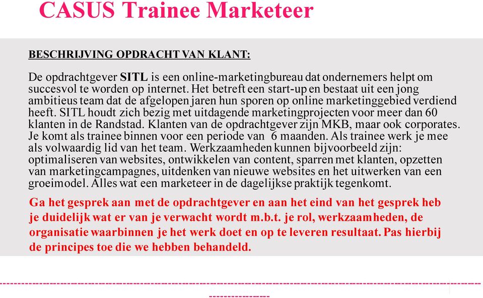 SITL houdt zich bezig met uitdagende marketingprojecten voor meer dan 60 klanten in de Randstad. Klanten van de opdrachtgever zijn MKB, maar ook corporates.