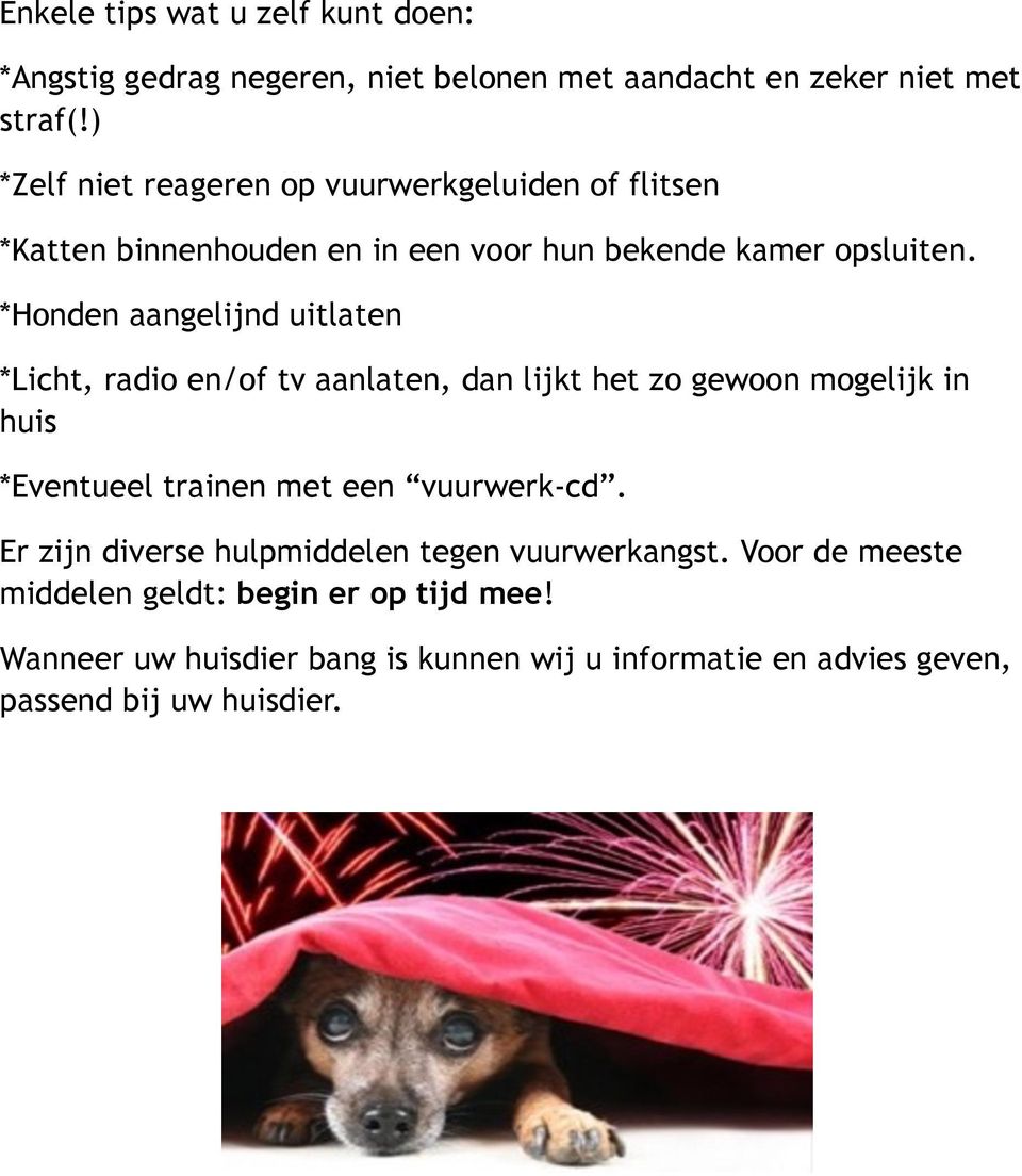 *Honden aangelijnd uitlaten *Licht, radio en/of tv aanlaten, dan lijkt het zo gewoon mogelijk in huis *Eventueel trainen met een vuurwerk-cd.