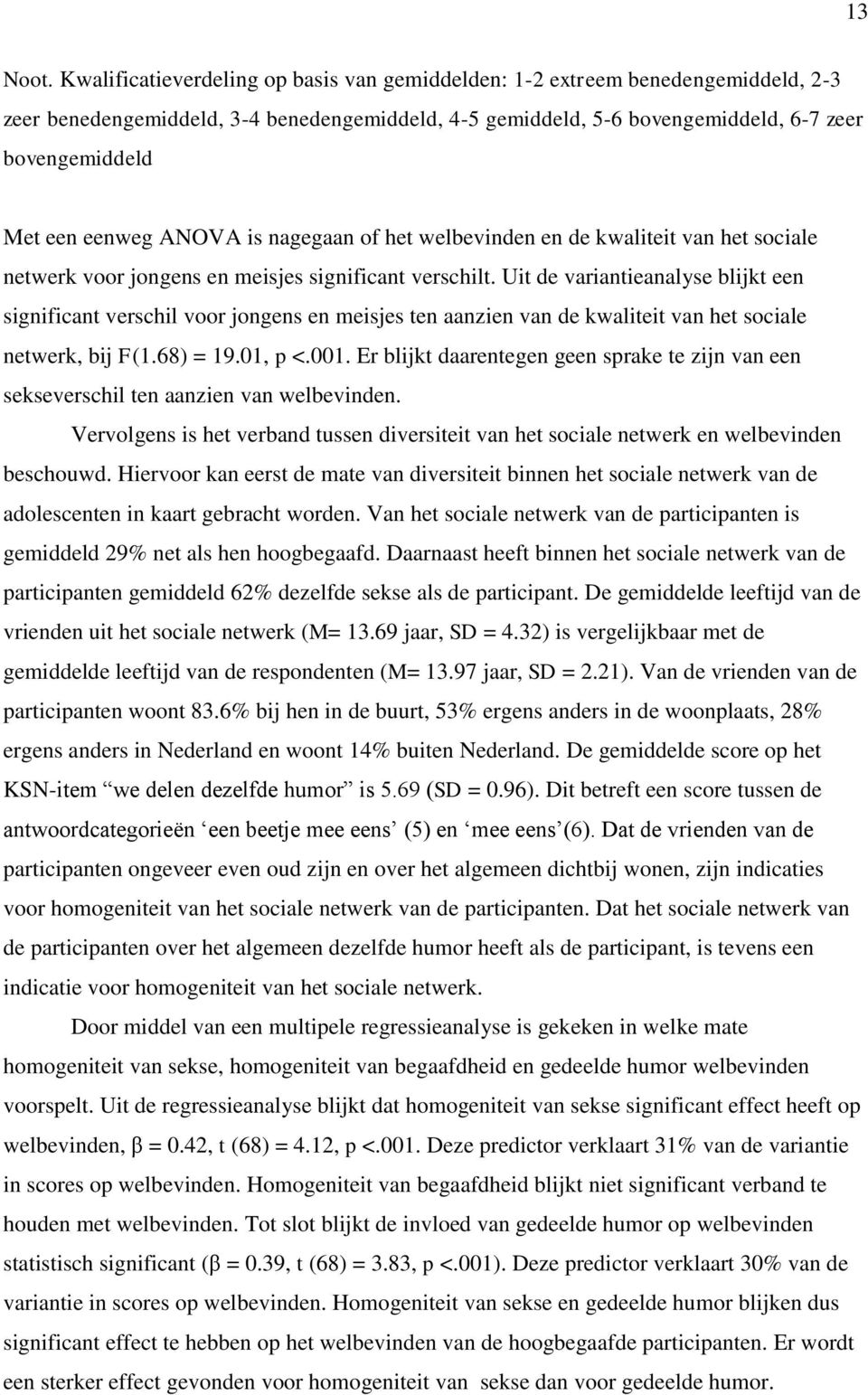 eenweg ANOVA is nagegaan of het welbevinden en de kwaliteit van het sociale netwerk voor jongens en meisjes significant verschilt.