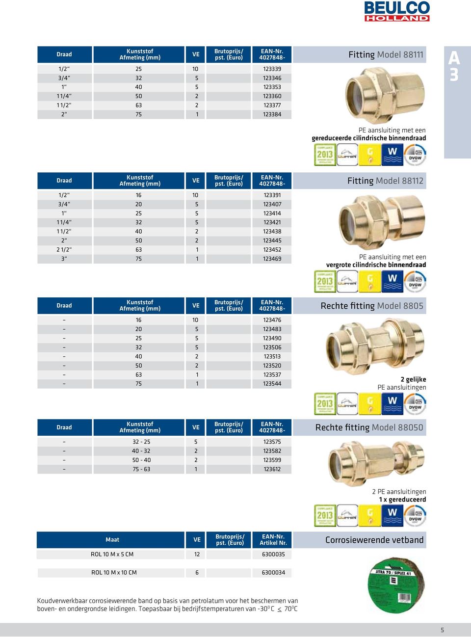 fitting Model 8805 2 gelijke PE aansluitingen 2-25 5 12575 40-2 2 12582 50-40 2 12599 75-6 1 12612 Rechte fitting Model 88050 2 PE aansluitingen 1 x gereduceerd Maat pst. (Euro) rtikel Nr.