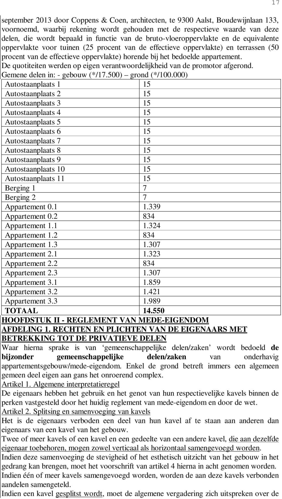 appartement. De quotiteiten werden op eigen verantwoordelijkheid van de promotor afgerond. Gemene delen in: - gebouw (*/17.500) grond (*/100.