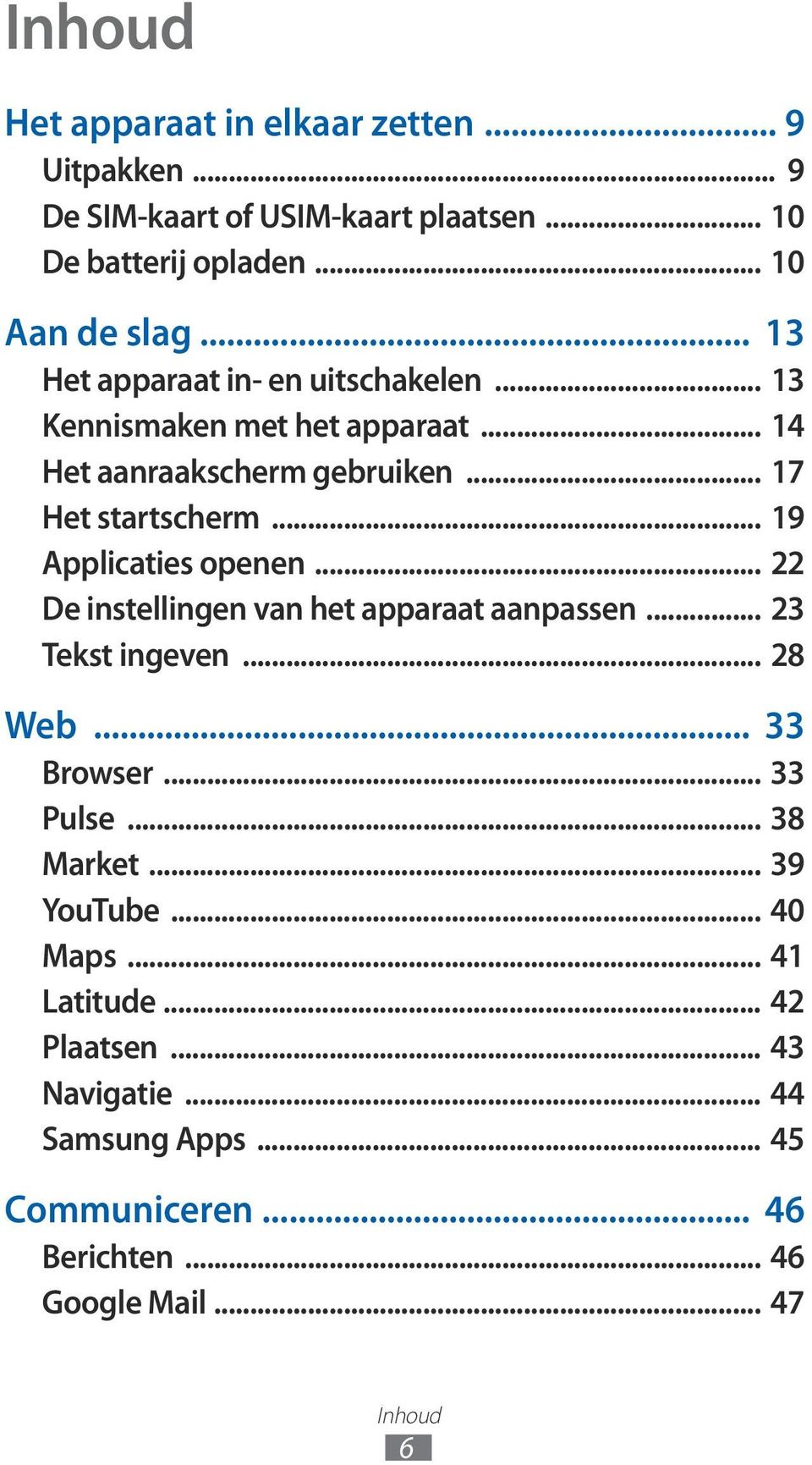 .. 9 Applicaties openen... 22 De instellingen van het apparaat aanpassen... 23 Tekst ingeven... 28 Web... 33 Browser... 33 Pulse... 38 Market.