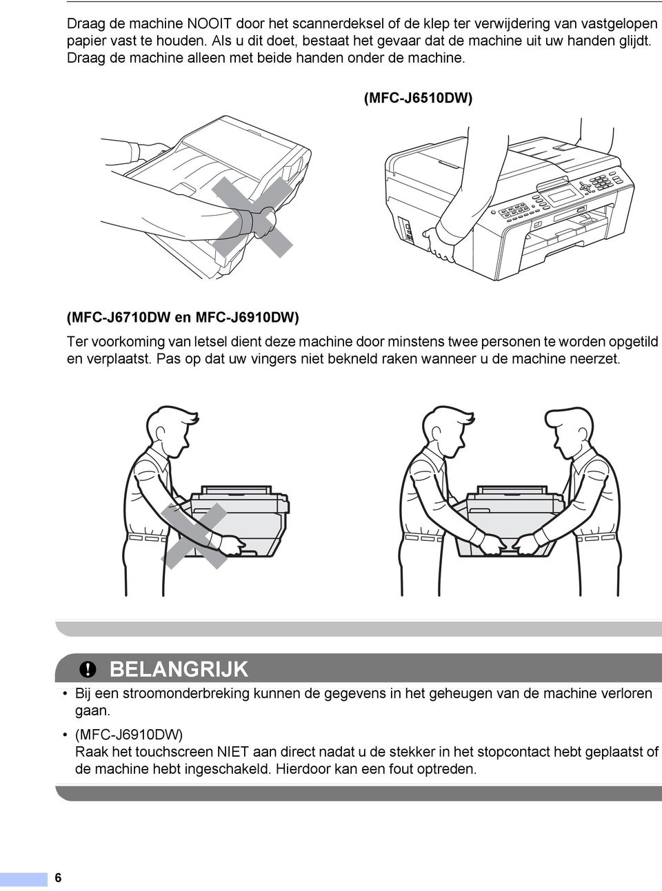(MFC-J650DW) (MFC-J670DW en MFC-J690DW) Ter voorkoming van letsel dient deze machine door minstens twee personen te worden opgetild en verplaatst.
