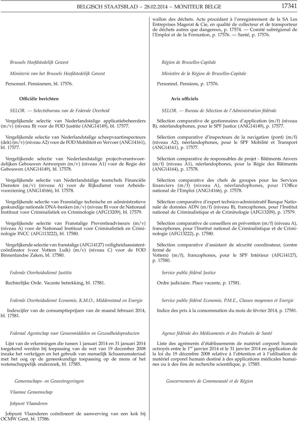 Comité subrégional de l Emploi et de la Formation, p. 17576. Santé, p. 17576. Brussels Hoofdstedelijk Gewest Ministerie van het Brussels Hoofdstedelijk Gewest Personeel. Pensioenen, bl. 17576. Région de Bruxelles-Capitale Ministère de la Région de Bruxelles-Capitale Personnel.