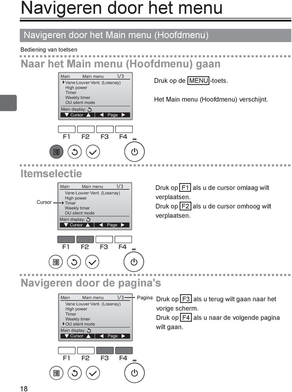 (Lossnay) High power Timer Weekly timer OU silent mode Main display: Druk op F1 als u de cursor omlaag wilt verplaatsen. Druk op F2 als u de cursor omhoog wilt verplaatsen.