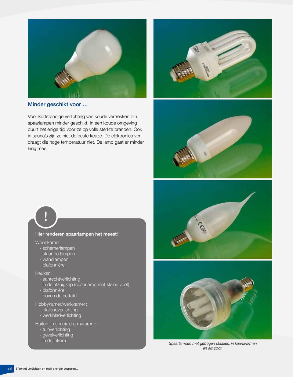 Hier renderen spaarlampen het meest Woonkamer : - schemerlampen - staande lampen - wandlampen - plafonnière Keuken : - aanrechtverlichting - in de afzuigkap (spaarlamp met kleine voet) -