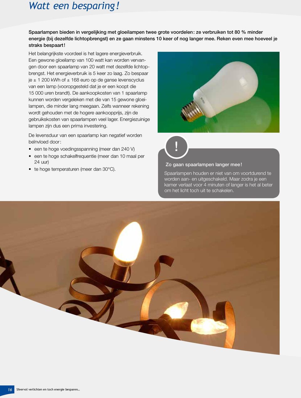 Een gewone gloeilamp van 100 watt kan worden vervangen door een spaarlamp van 20 watt met dezelfde lichtopbrengst. Het energieverbruik is 5 keer zo laag.