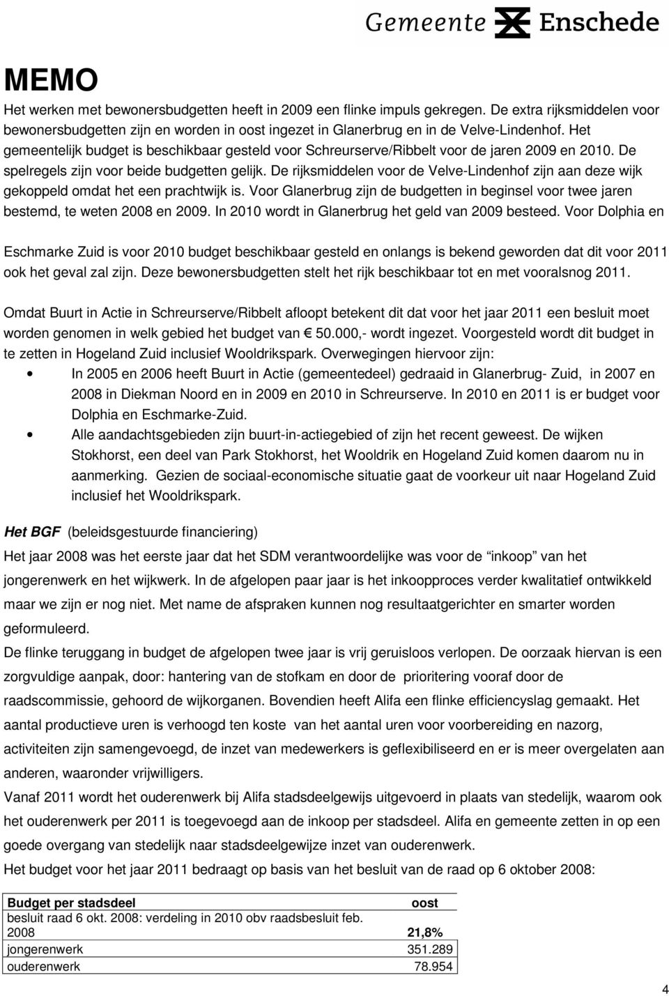 De rijksmiddelen voor de Velve-Lindenhof zijn aan deze wijk gekoppeld omdat het een prachtwijk is. Voor Glanerbrug zijn de budgetten in beginsel voor twee jaren bestemd, te weten 2008 en 2009.