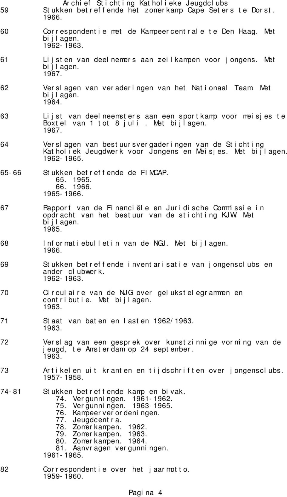 Met 64 Verslagen van bestuursvergaderingen van de Stichting Katholiek Jeugdwerk voor Jongens en Meisjes. Met 1962-65-66 Stukken betreffende de FIMCAP. 65. 66.