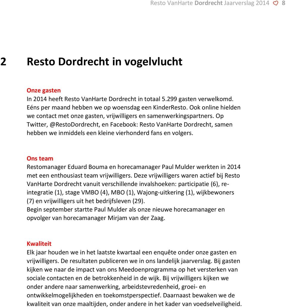 Op Twitter, @RestoDordrecht, en Facebook: Resto VanHarte Dordrecht, samen hebben we inmiddels een kleine vierhonderd fans en volgers.
