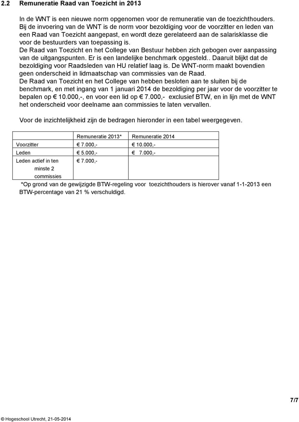 toepassing is. De Raad van Toezicht en het College van Bestuur hebben zich gebogen over aanpassing van de uitgangspunten. Er is een landelijke benchmark opgesteld.