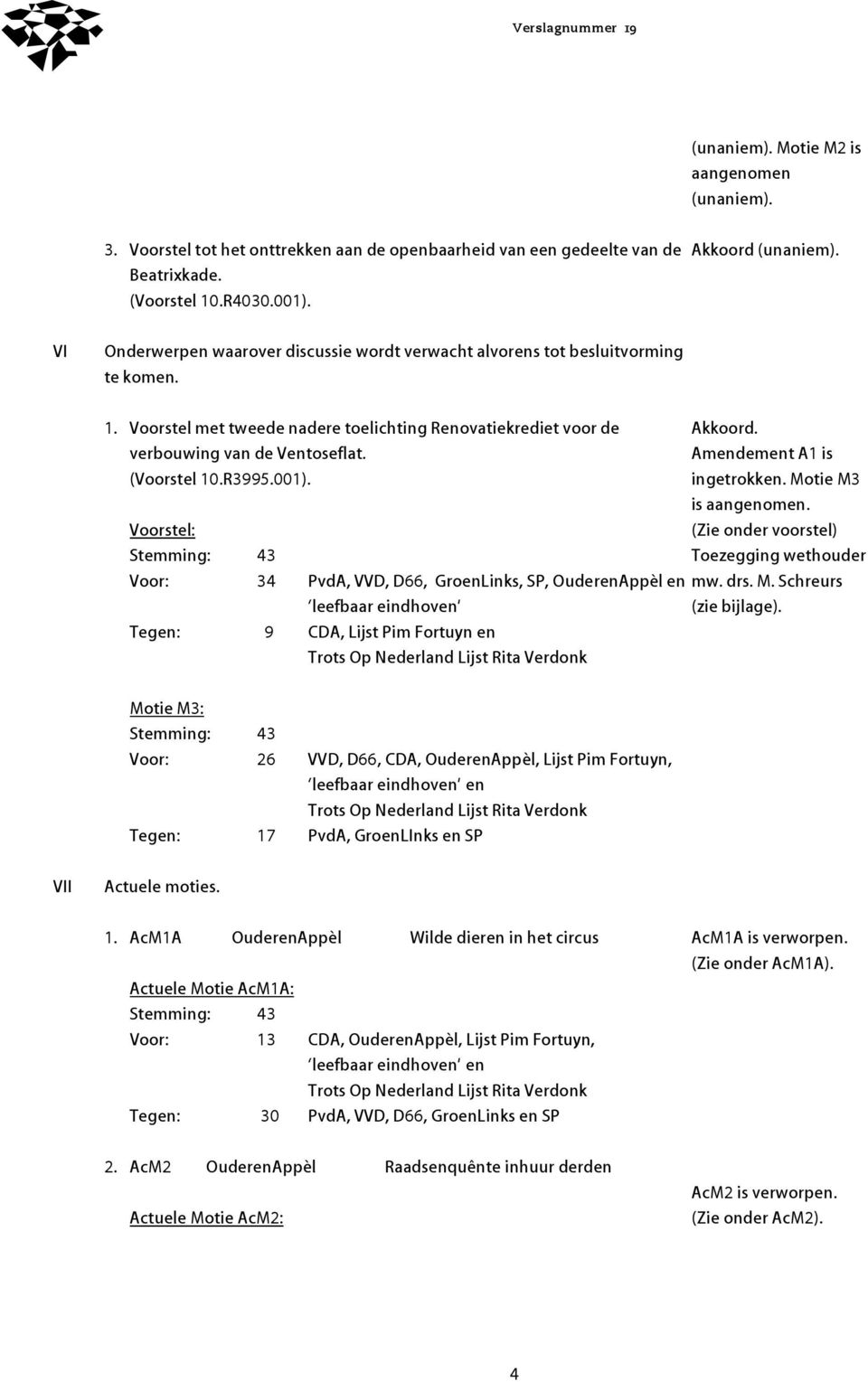 R3995.001). Voorstel: Stemming: 43 Voor: 34 PvdA, VVD, D66, GroenLinks, SP, OuderenAppèl en leefbaar eindhoven Tegen: 9 CDA, Lijst Pim Fortuyn en Trots Op Nederland Lijst Rita Verdonk Akkoord.