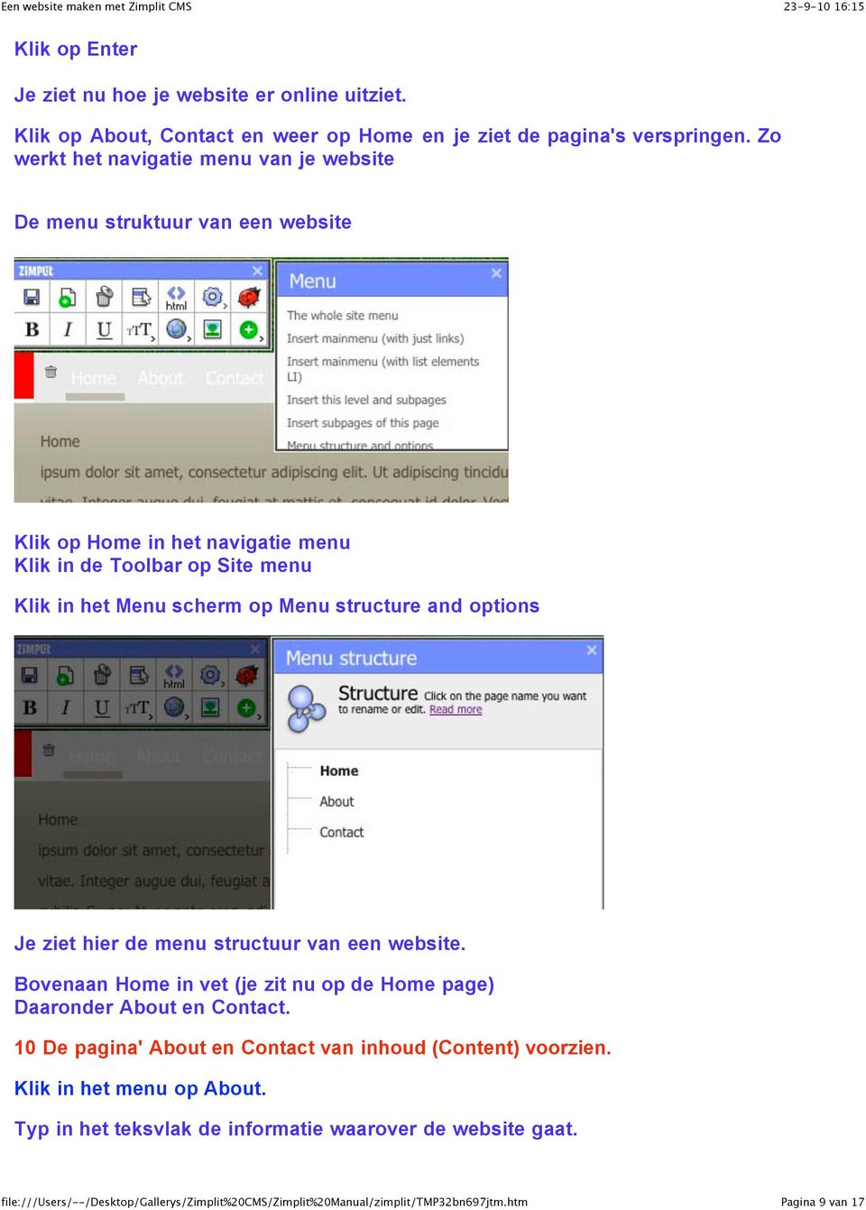 Menu scherm op Menu structure and options Je ziet hier de menu structuur van een website.
