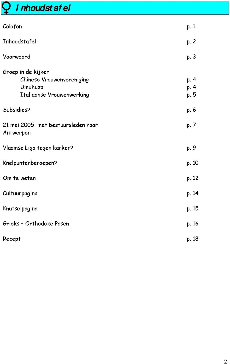 5 Subsidies? p. 6 21 mei 2005: met bestuursleden naar Antwerpen p. 7 Vlaamse Liga tegen kanker?