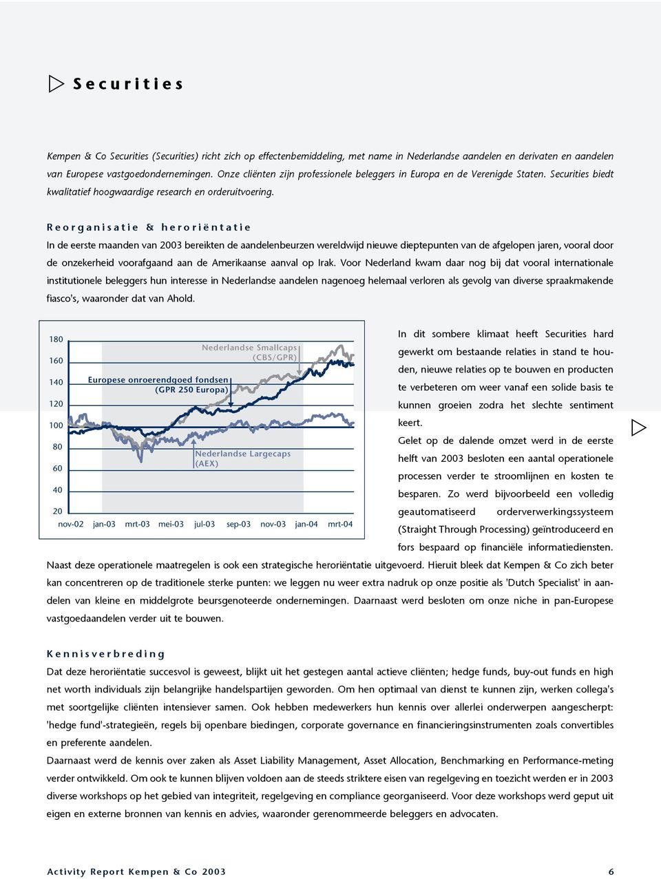 Reorganisatie & heroriëntatie In de eerste maanden van 2003 bereikten de aandelenbeurzen wereldwijd nieuwe dieptepunten van de afgelopen jaren, vooral door de onzekerheid voorafgaand aan de