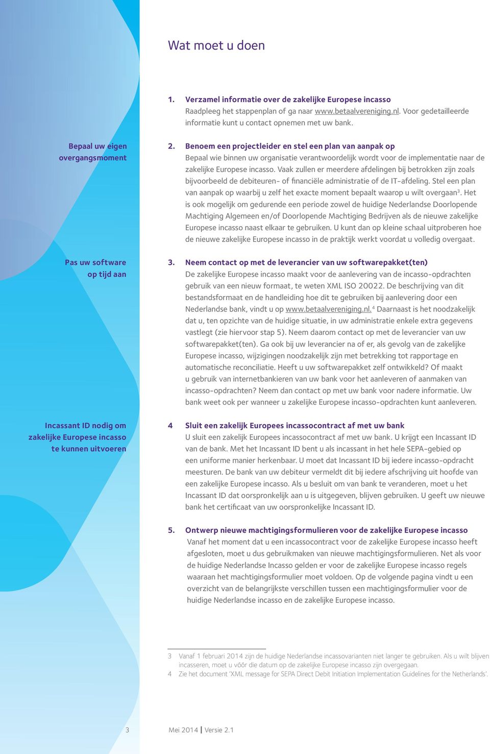 Benoem een projectleider en stel een plan van aanpak op overgangsmoment Bepaal wie binnen uw organisatie verantwoordelijk wordt voor de implementatie naar de zakelijke Europese incasso.