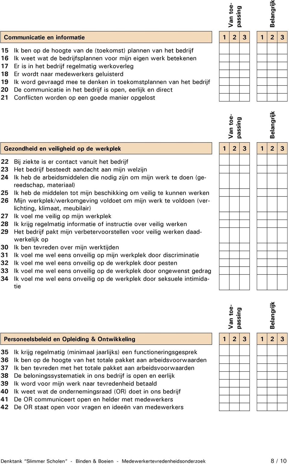 direct 21 Conflicten worden op een goede manier opgelost Van toepassing Gezondheid en veiligheid op de werkplek 1 2 3 1 2 3 22 Bij ziekte is er contact vanuit het bedrijf 23 Het bedrijf besteedt