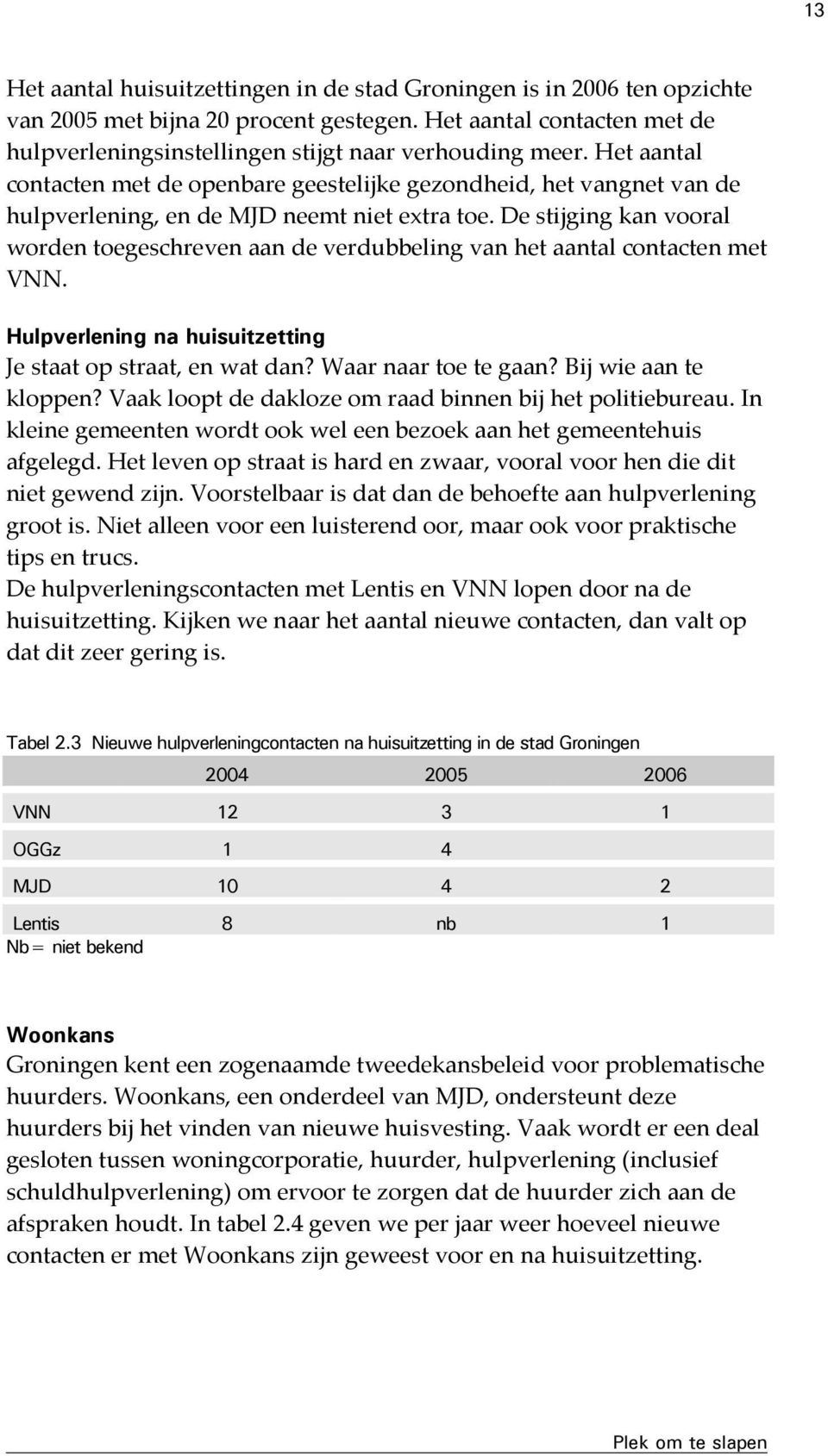 De stijging kan vooral worden toegeschreven aan de verdubbeling van het aantal contacten met VNN. Hulpverlening na huisuitzetting Je staat op straat, en wat dan? Waar naar toe te gaan?