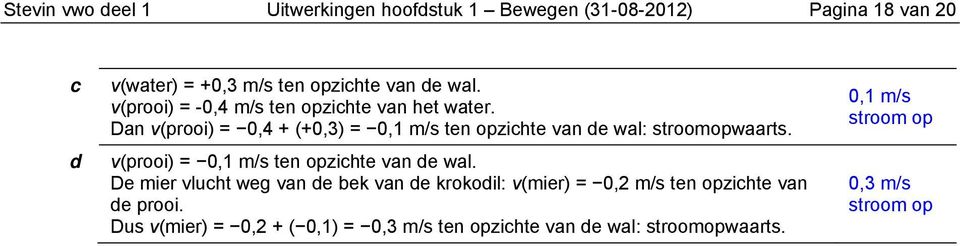 Dan v(prooi) = 0,4 + (+0,3) = 0,1 m/s ten opzihte van de wal: stroomopwaarts. v(prooi) = 0,1 m/s ten opzihte van de wal.