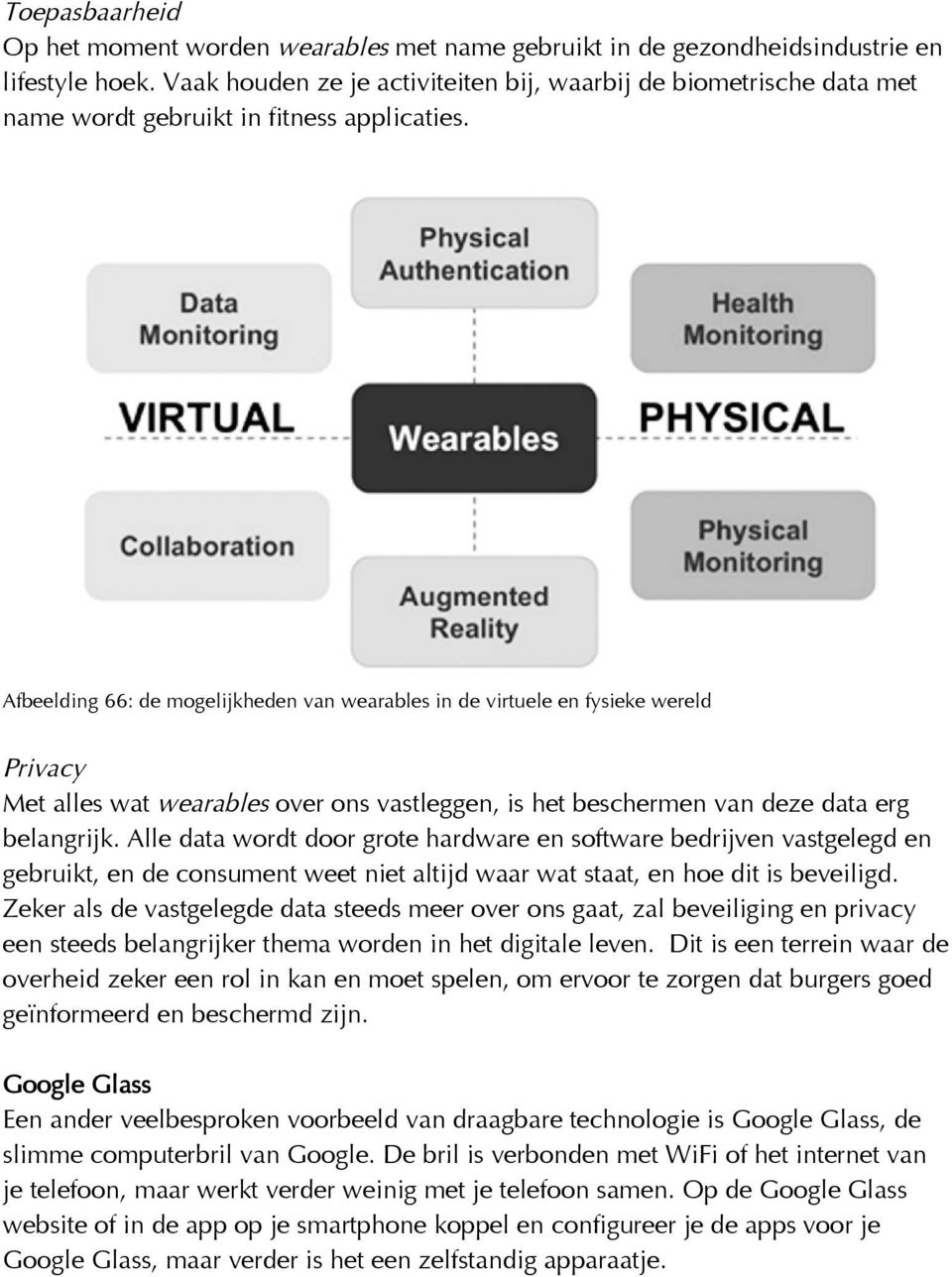 Afbeelding 66: de mogelijkheden van wearables in de virtuele en fysieke wereld Privacy Met alles wat wearables over ons vastleggen, is het beschermen van deze data erg belangrijk.