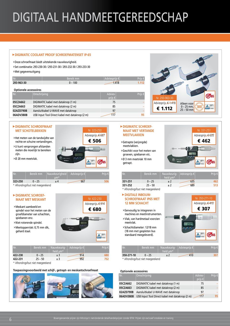 112 05CZA662 DIGIMATIC kabel met dataknop (1 m) 75 05CZA663 DIGIMATIC kabel met dataknop (2 m) 85 02AZD790B Aansluitkabel U-WAVE met dataknop 97 06ADV380B USB Input Tool Direct kabel met dataknop (2