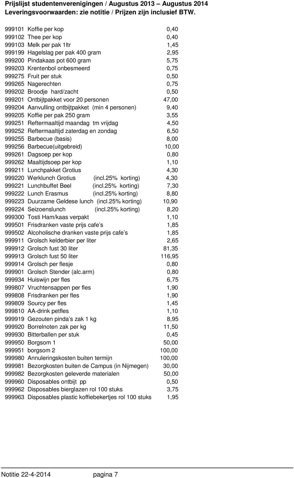 Fruit per stuk 0,50 999265 Nagerechten 0,75 999202 Broodje hard/zacht 0,50 999201 Ontbijtpakket voor 20 personen 47,00 999204 Aanvulling ontbijtpakket (min 4 personen) 9,40 999205 Koffie per pak 250