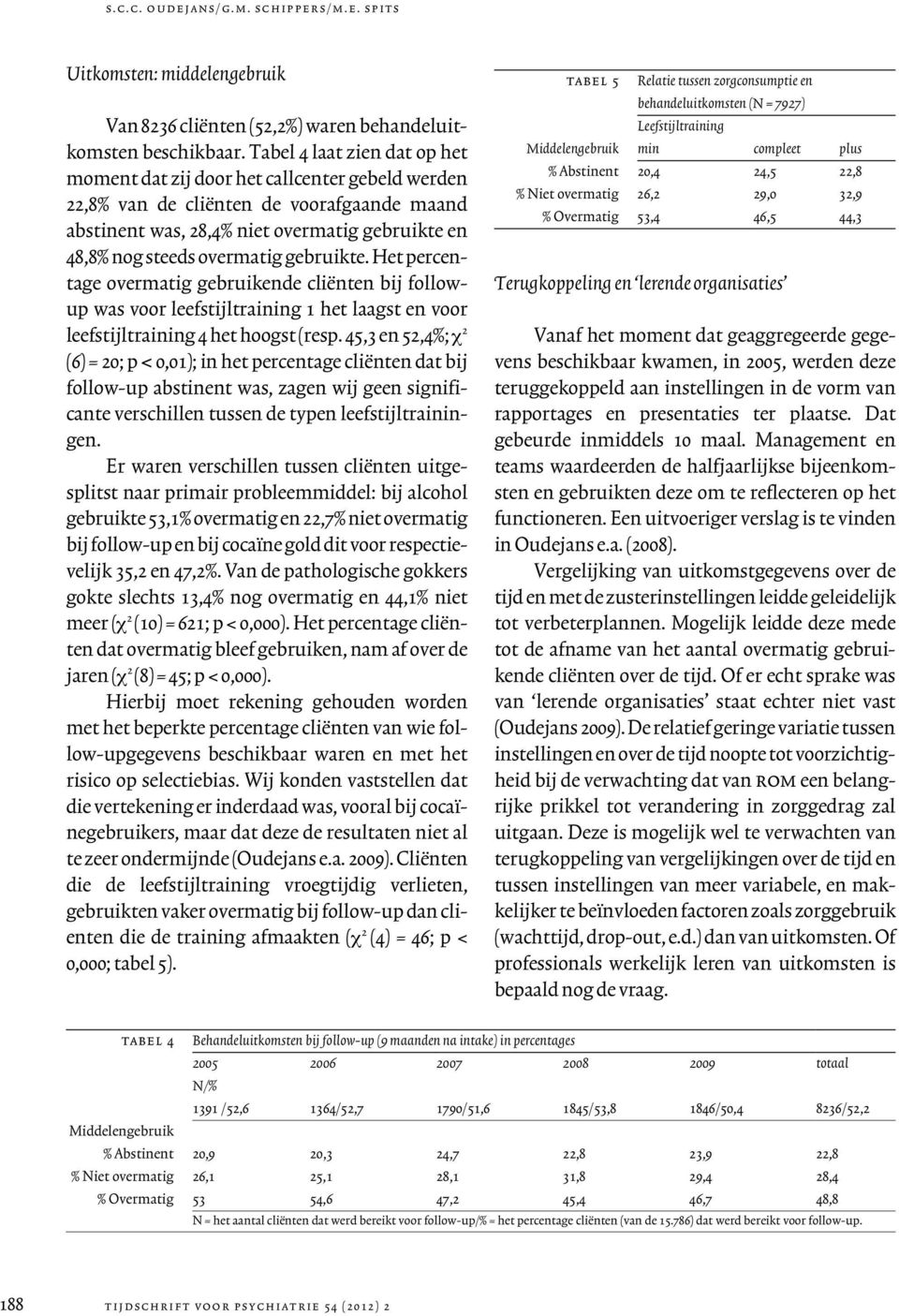 gebruikte. Het percentage overmatig gebruikende cliënten bij followup was voor leefstijltraining 1 het laagst en voor leefstijltraining 4 het hoogst (resp.