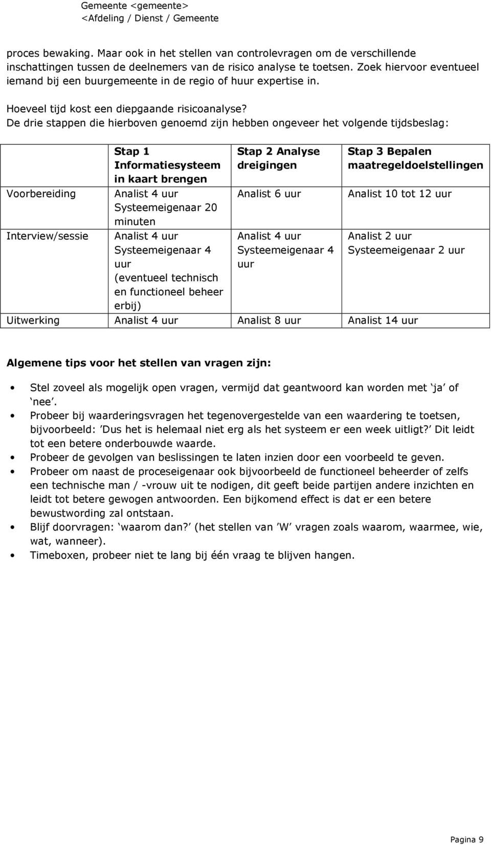 De drie stappen die hierboven genoemd zijn hebben ongeveer het volgende tijdsbeslag: Voorbereiding Interview/sessie Stap 1 Informatiesysteem in kaart brengen Analist 4 uur Systeemeigenaar 20 minuten