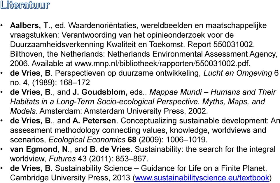 Perspectieven op duurzame ontwikkeling, Lucht en Omgeving 6 no. 4, (1989): 168 172 de Vries, B., and J. Goudsblom, eds.