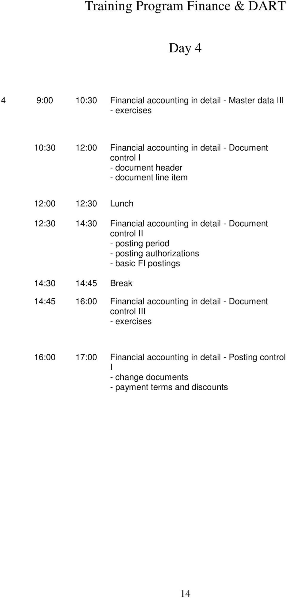 Document control II - posting period - posting authorizations - basic FI postings 14:45 16:00 Financial accounting in detail -