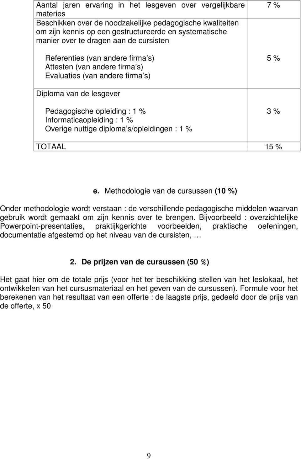 Informaticaopleiding : 1 % Overige nuttige diploma s/opleidingen : 1 % 3 % TOTAAL 15 % e.