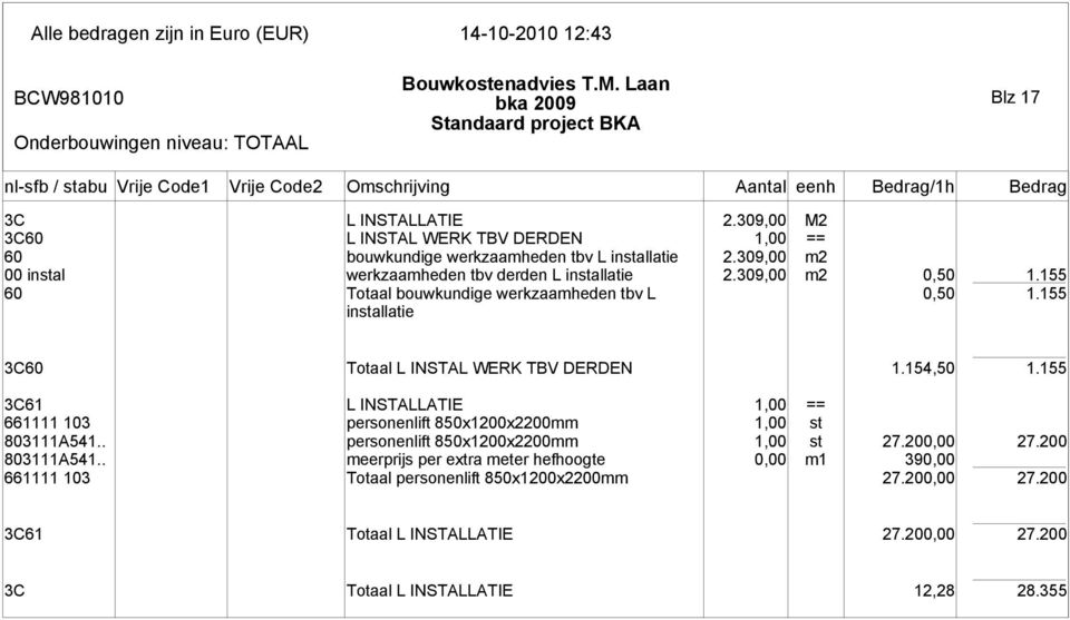 155 installatie 3C60 Totaal L INSTAL WERK TBV DERDEN 1.154,50 1.155 3C61 L INSTALLATIE 1,00 == 661111 103 personenlift 850x1200x2200mm 1,00 st 803111A541.