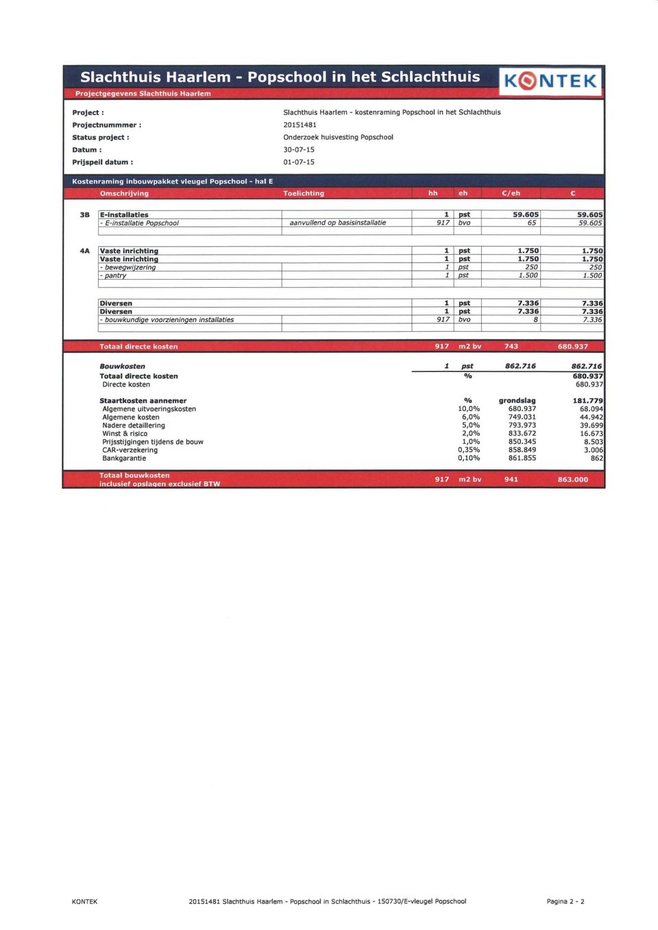 pst 59.605 59.605 - E-installatie Popschool aanvullend op basisinstallatie 917 bvo 65 59.605 4A Vaste inrichting 1 pst 1.750 1.750 Vaste inrichting 1 pst 1.750 1.750 - beweqwiizerinq 1 pst 250 250 - pantry 1 pst 1.