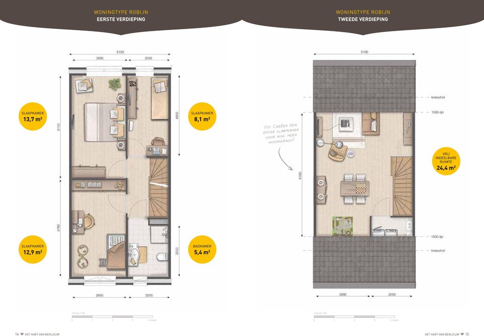 VRIJ INDEELBARE RUIMTE 24,4 m 2 SLAAPKAMER 12,9 m 2 BADKAMER 5,4 m 2 Schaal 1:50 0 1