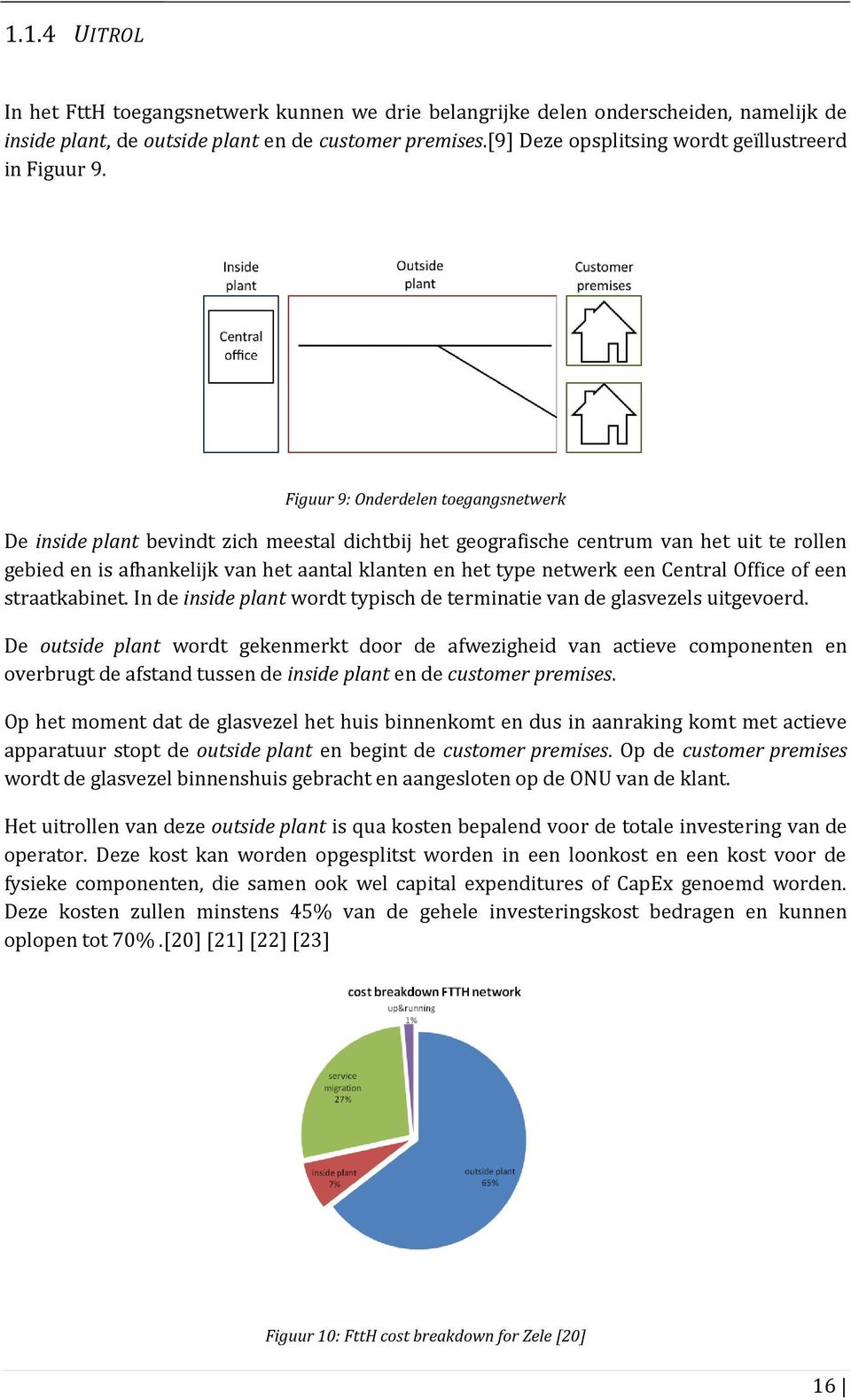 Figuur 9: Onderdelen toegangsnetwerk De inside plant bevindt zich meestal dichtbij het geografische centrum van het uit te rollen gebied en is afhankelijk van het aantal klanten en het type netwerk