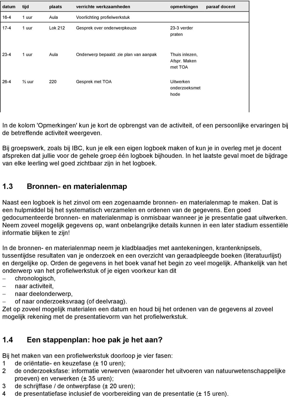 Maken met TOA 26-4 ½ uur 220 Gesprek met TOA Uitwerken onderzoeksmet hode In de kolom 'Opmerkingen' kun je kort de opbrengst van de activiteit, of een persoonlijke ervaringen bij de betreffende