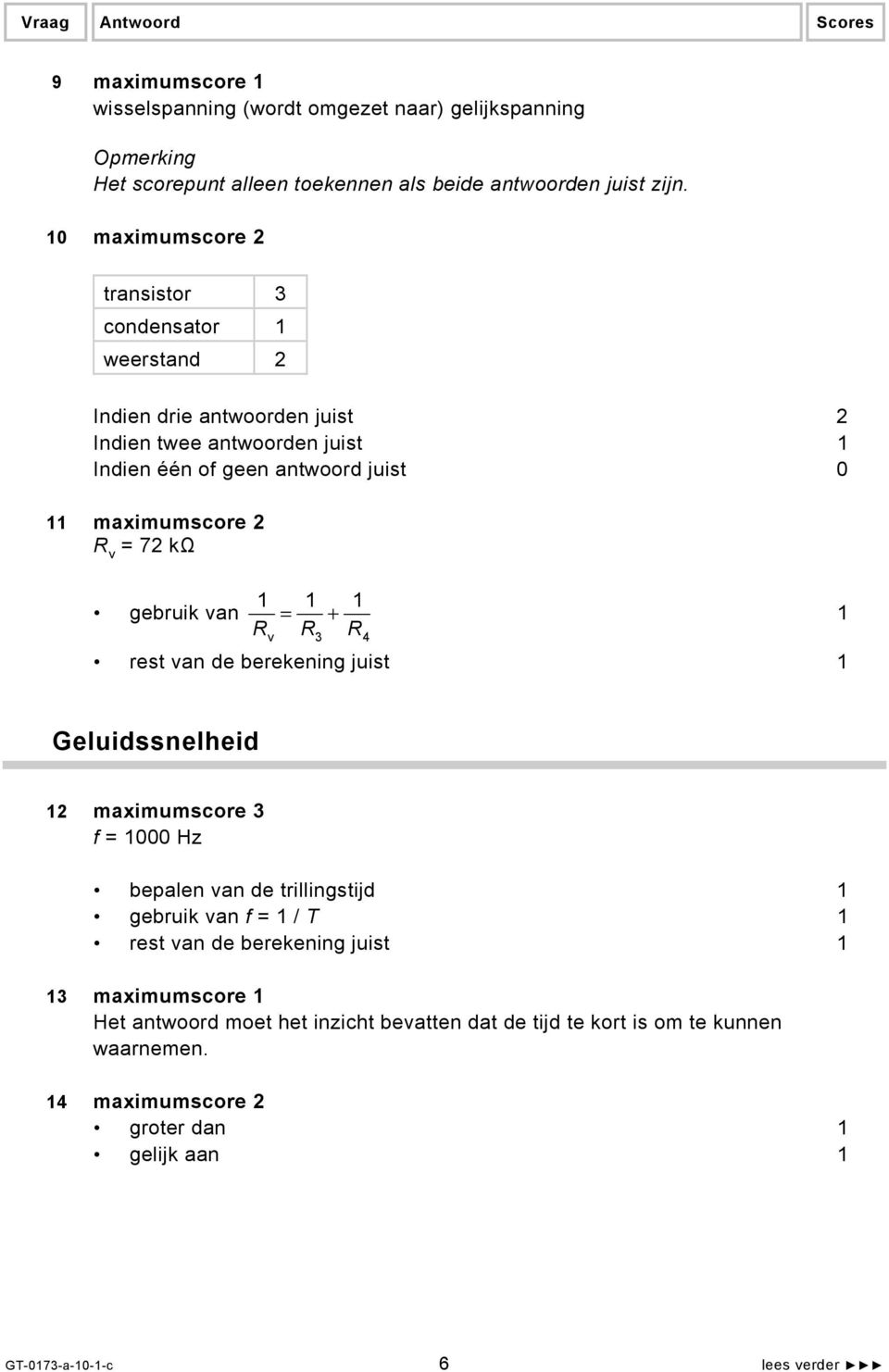 maximumscore 2 R v = 72 kω 1 1 1 gebruik van = + Rv R3 R4 1 Geluidssnelheid 12 maximumscore 3 f = 1000 Hz bepalen van de trillingstijd 1 gebruik van f = 1 / T