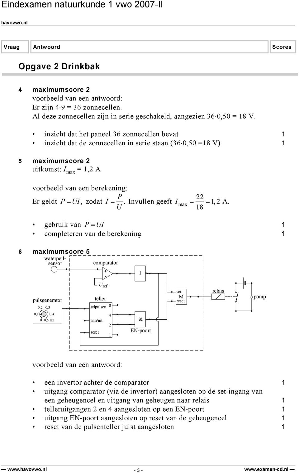 8 gebruik van P= UI completeren van de berekening 6 maximumscore 5 waterpeilsensor comparator + - pulsgenerator 0, 0,3 U ref teller telpulsen 8 set M reset relais pomp 0, 0,4 0 0,5 Hz aan/uit reset 4