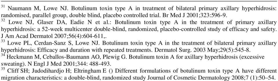 : Botulinum toxin type A in the treatment of primary axillary hyperhidrosis: a 52-week multicenter double-blind, randomized, placebo-controlled study of efficacy and safety.